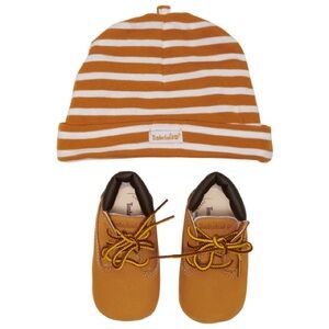 Size 3 Baby Timberland Tan Baby Shoes and Striped Hat Set